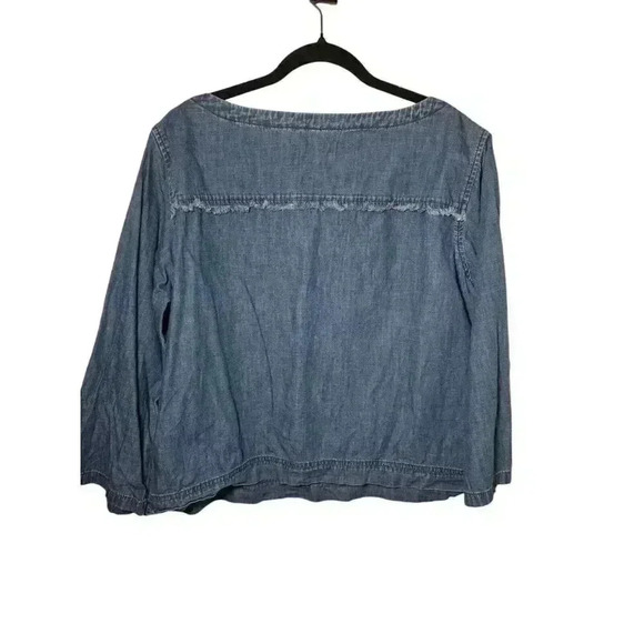 MADEWELL Denim Herald Tee Chambray Frayed Trim Blouse Blue Cotton Size L - Picture 6 of 10
